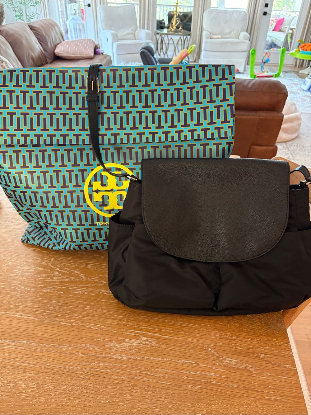 Tory Burch Black Nylon Shoulder Diaper Bag with Black Leather Flap